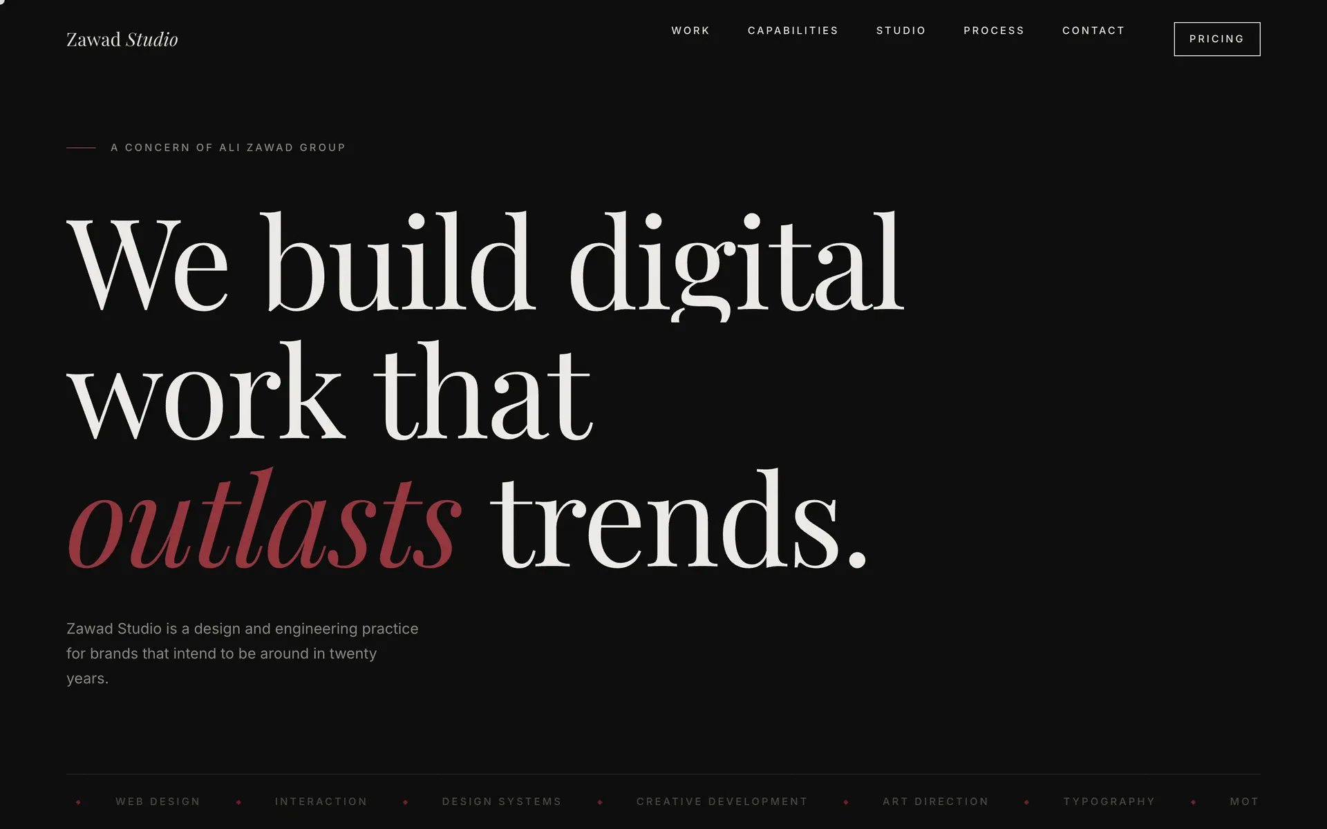 Zawad Studio website, top of the home page