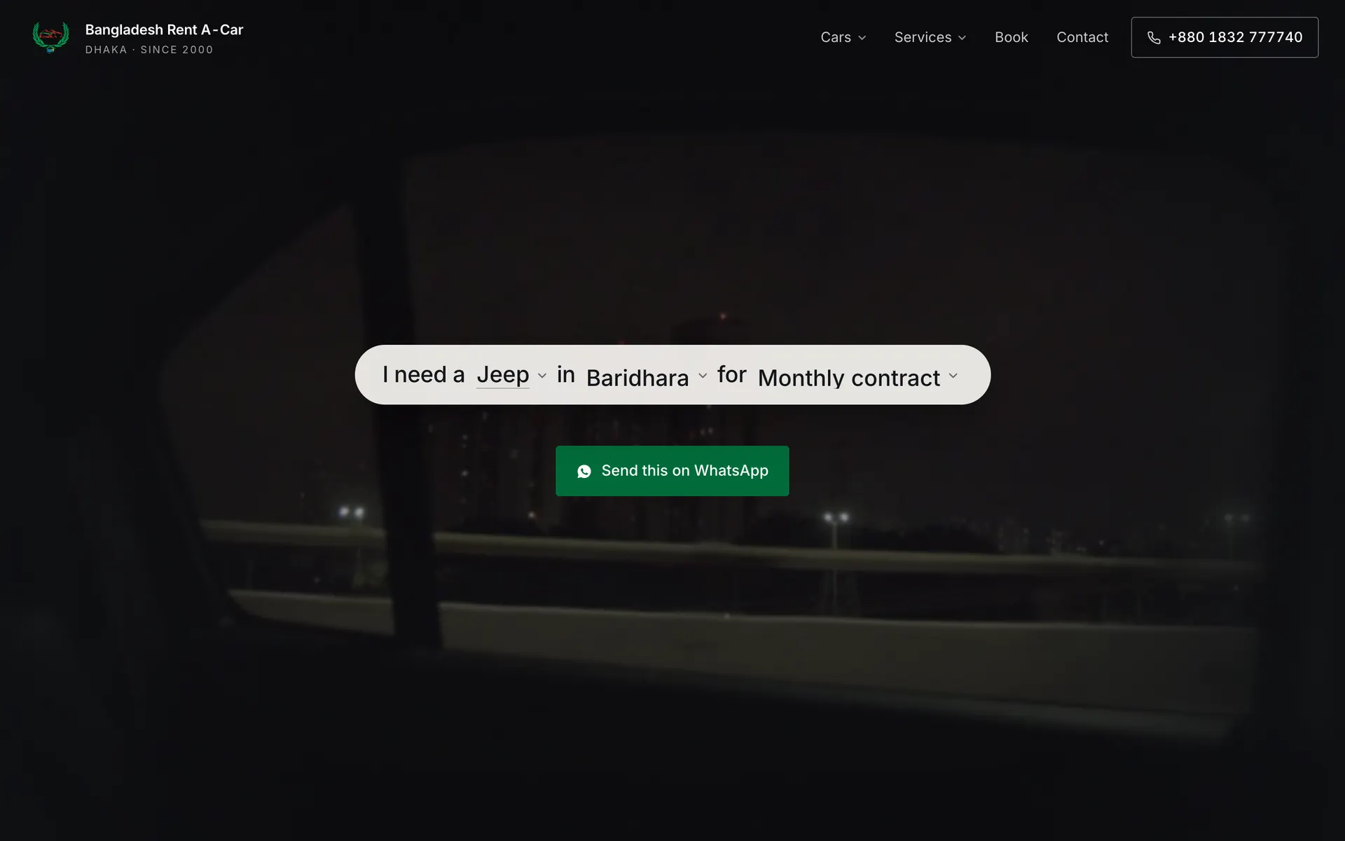 Bangladesh Rent A-Car website, top of the home page