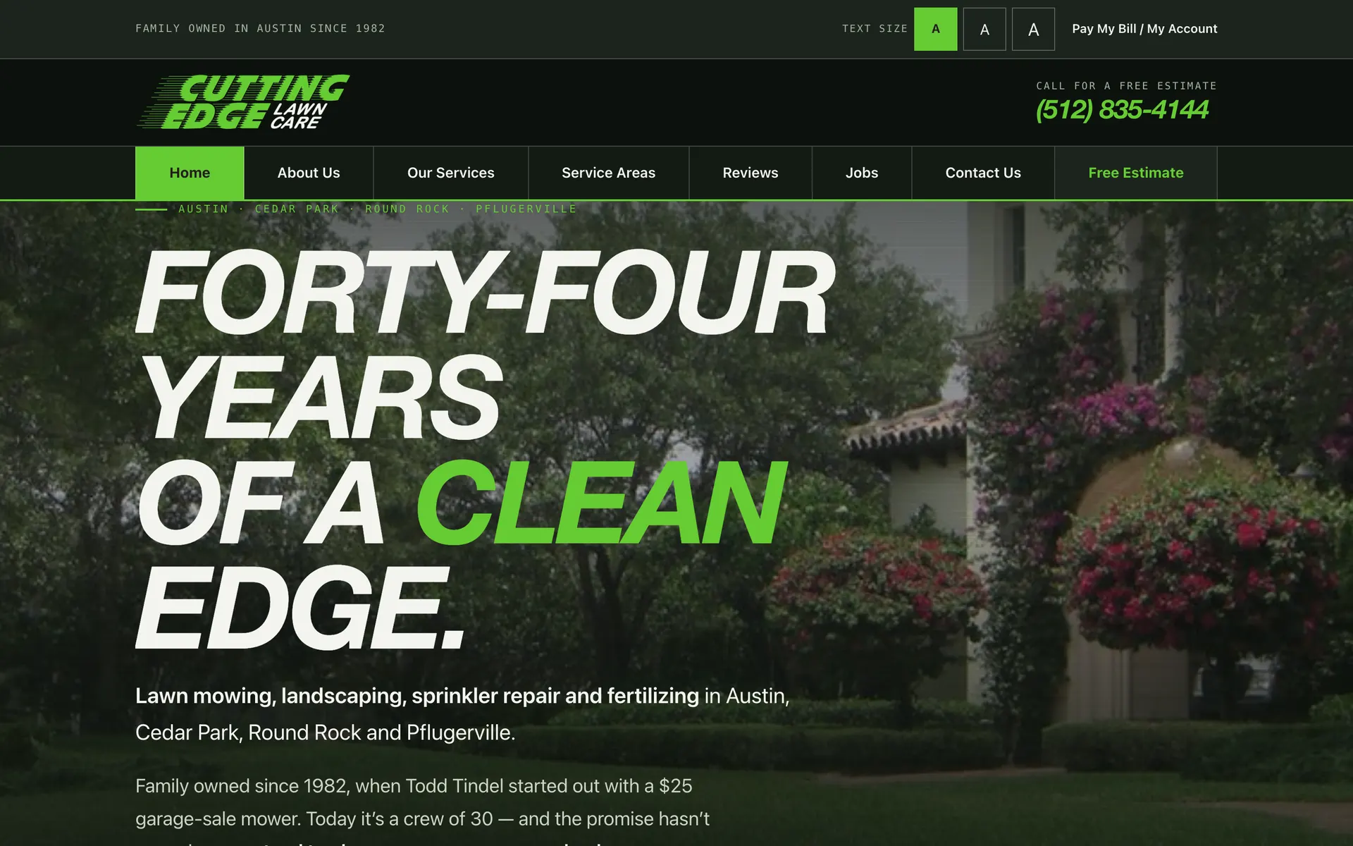 Cutting Edge Lawn Care website, top of the home page